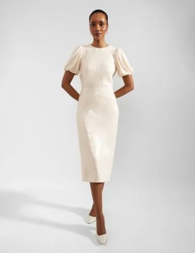 Hobbs Womens Sequin Puff Sleeve Midi Waisted Dress - 6 - Ivory, Ivory