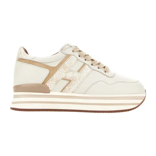 Hogan , Ivory, Pink, and Beige Sneakers with Reptile Print ,Beige female, Sizes: