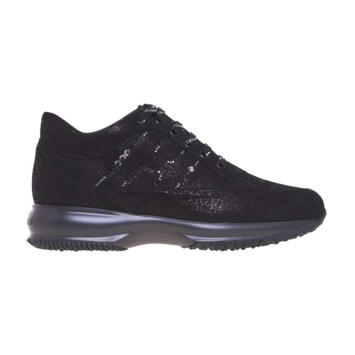 Hogan , Low-top Suede Sneakers with Rhinestone H Detail ,Black female, Sizes: