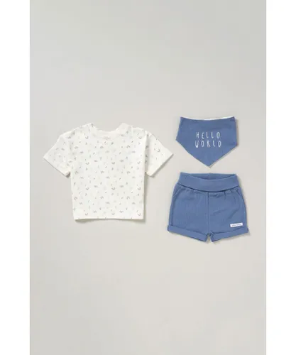 Homegrown Baby Boy Hello World Print 3-Piece T-Shirt, Shorts and Reversible Bib Set - Blue
