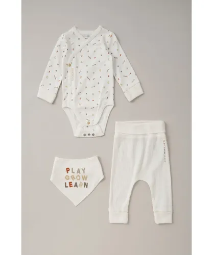 Homegrown Baby Boy White Cotton Bodysuit, Trouser and Bibs Set
