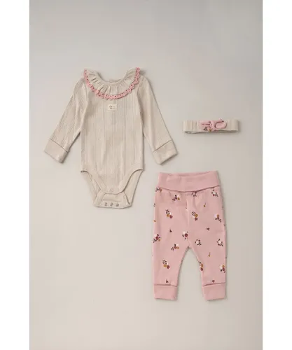 Homegrown Baby Girl Pink Cotton Bodysuit, Trouser and Headband 3-Piece Set