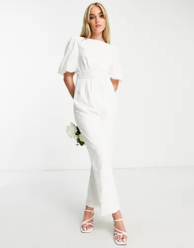 Hope & Ivy Bridal puff sleeve bow back jumpsuit in ivory-White