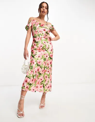 Hope & Ivy cold shoulder satin midaxi dress in pink floral-Multi