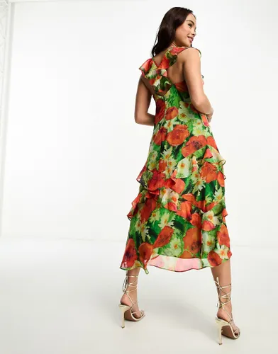 Hope & Ivy frill sleeve midaxi dress in green and red floral-Multi