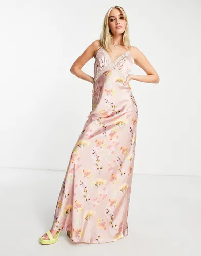 Hope & Ivy lace insert satin maxi dress in lilac floral-Purple