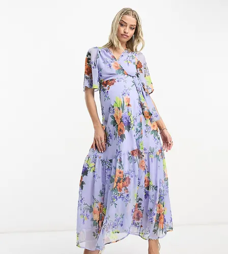 Hope & Ivy Maternity flutter sleeve wrap midaxi dress in lilac floral-Purple