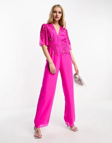 Hope & Ivy plunge front embellished jumpsuit in bright pink