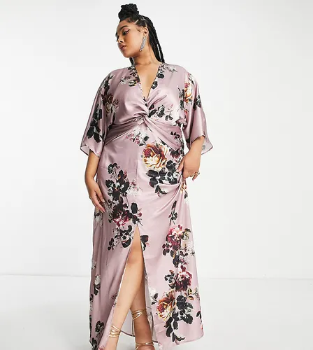 Hope & Ivy Plus kimono sleeve satin maxi dress in mauve-Brown
