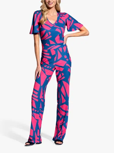 HotSquash Geometric Print V-Neck Straight Leg Jumpsuit, Coral/Teal - Coral/Teal - Female