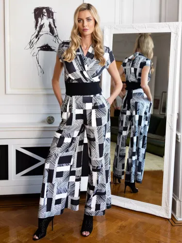 HotSquash Geometric Stripe Print Wide Leg Jumpsuit, Black/White - Black/White - Female