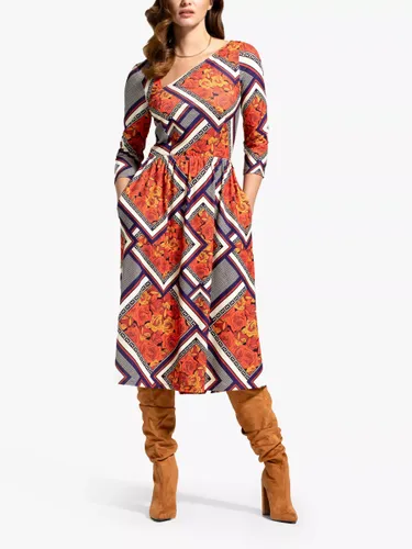 HotSquash Retro Tile Print Asymmetric Neck Midi Dress, Orange/Multi - Orange/Multi - Female