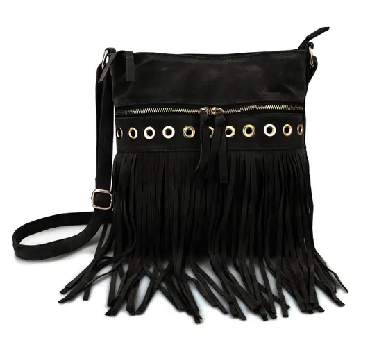 Hoxis Studded Tassel Zipper Faux Suede Leather Cross Body