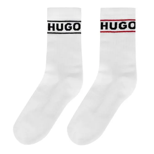 HUGO 2 Pack Ribbed Logo Crew Socks - White