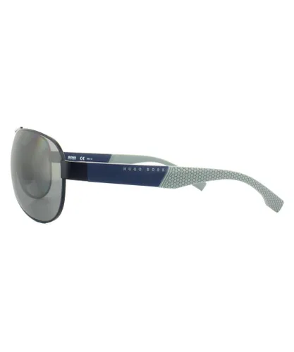 Hugo Boss Aviator Mens Blue Grey Silver Mirror Polarized Sunglasses Metal - One