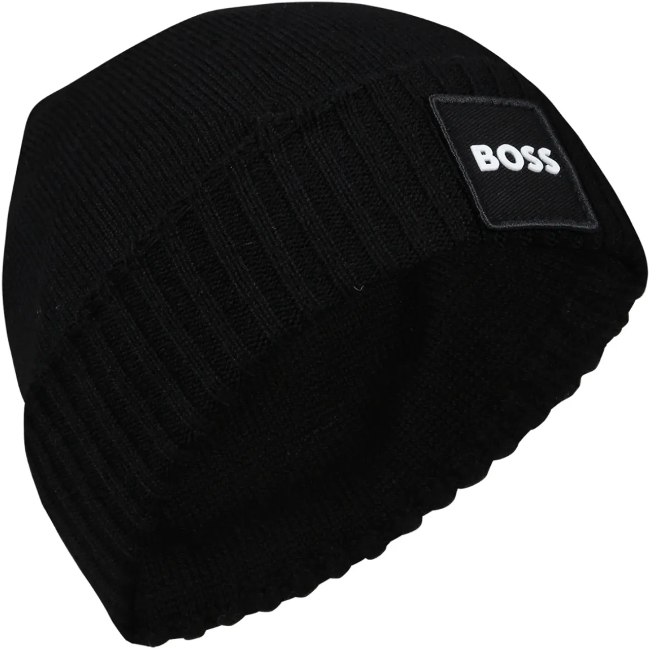 Hugo Boss , Black Ribbed Beanie Hat with Embroidered Patch ,Black unisex, Sizes: