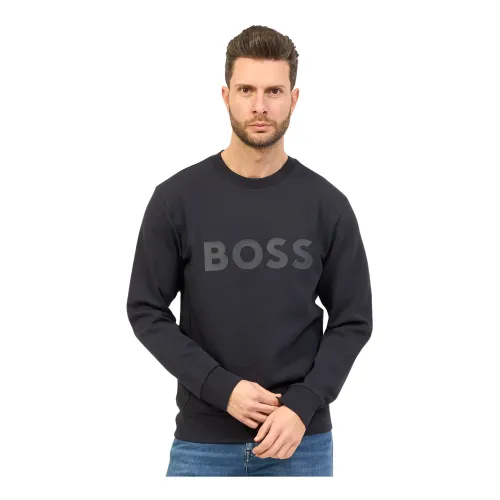 Hugo Boss , Blue Crew Neck Sweater with Printed Logo ,Blue male, Sizes: