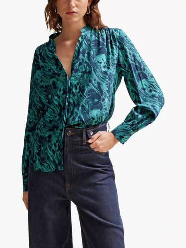Hugo Boss BOSS Banora Abstract Print Silk Shirt, Navy/Teal - Navy/Teal - Female