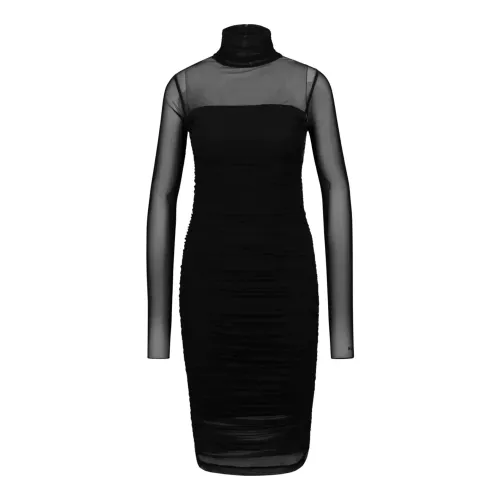 Hugo Boss , Elegant Midi Dress with Sheer Sleeves and Shoulder Details ,Black female, Sizes: