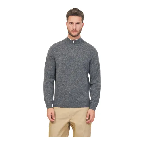 Hugo Boss , Grey Sweater with Zip Collar and Embroidered Logo ,Gray male, Sizes: