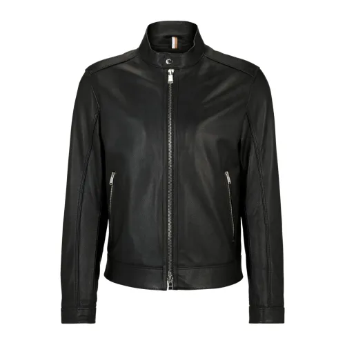 Hugo Boss , Leather Jacket with Mandarin Collar ,Black male, Sizes: