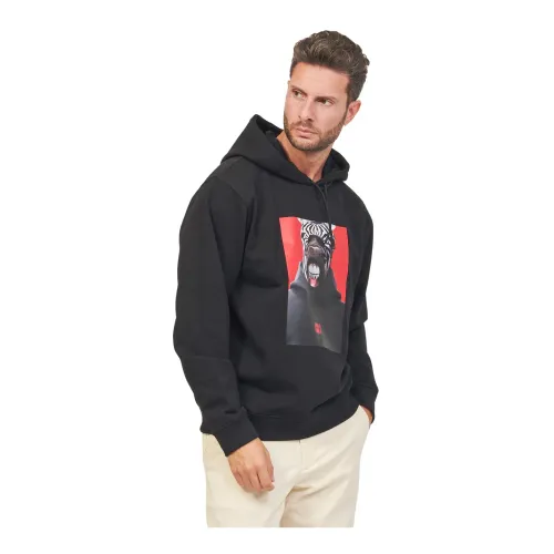 Hugo Boss , Men Relaxed Fit Hooded Sweatshirt with Creative Graphics ,Black male, Sizes: