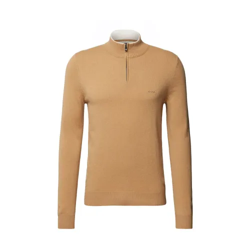Hugo Boss , Men Straight Fit Sweater with Zip Collar and Embroidered Logo ,Beige male, Sizes: