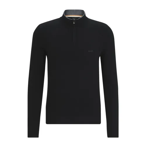 Hugo Boss , Mens Wool Turtleneck with Zip Collar and Embroidered Logo ,Black male, Sizes: