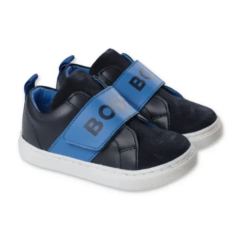 Hugo Boss , Navy Blue Leather Boy Sneakers ,Blue male, Sizes: