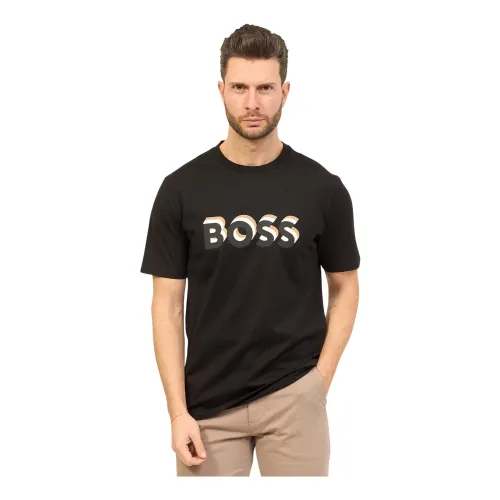 Hugo Boss , Regular Fit Cotton T-Shirt with Rubber Logo ,Black male, Sizes: