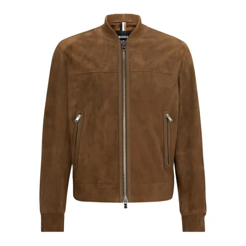 Hugo Boss , Regular Fit Suede Leather Jacket with Ribbed Cuffs ,Brown male, Sizes: