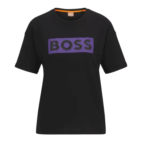 Hugo Boss , Slim Fit Cotton T-Shirt with Decorated Logo ,Black female, Sizes:
