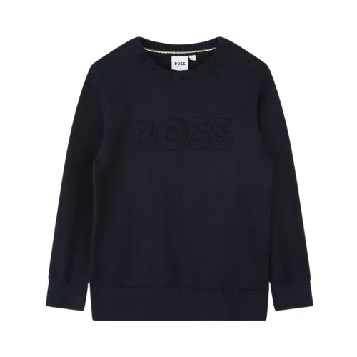 Hugo Boss , Solid Color Long Sleeve Sweater with Embossed Logo ,Blue male, Sizes: