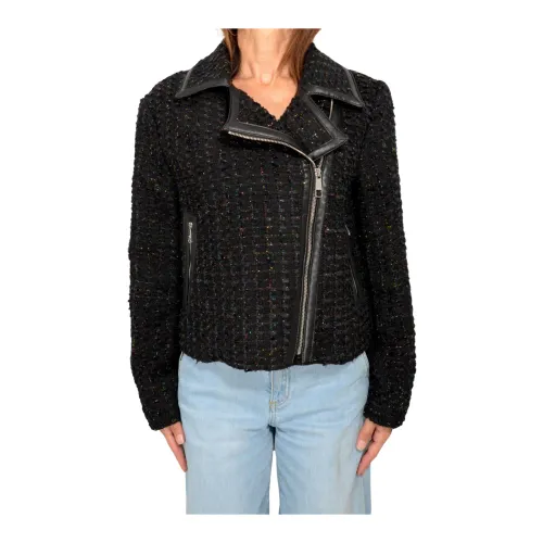 Hugo Boss , Tweed Lurex Leather Trim Jacket ,Black female, Sizes: