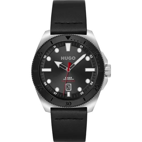 Hugo Gents HUGO #VISIT Black Leather Strap Watch - Silver