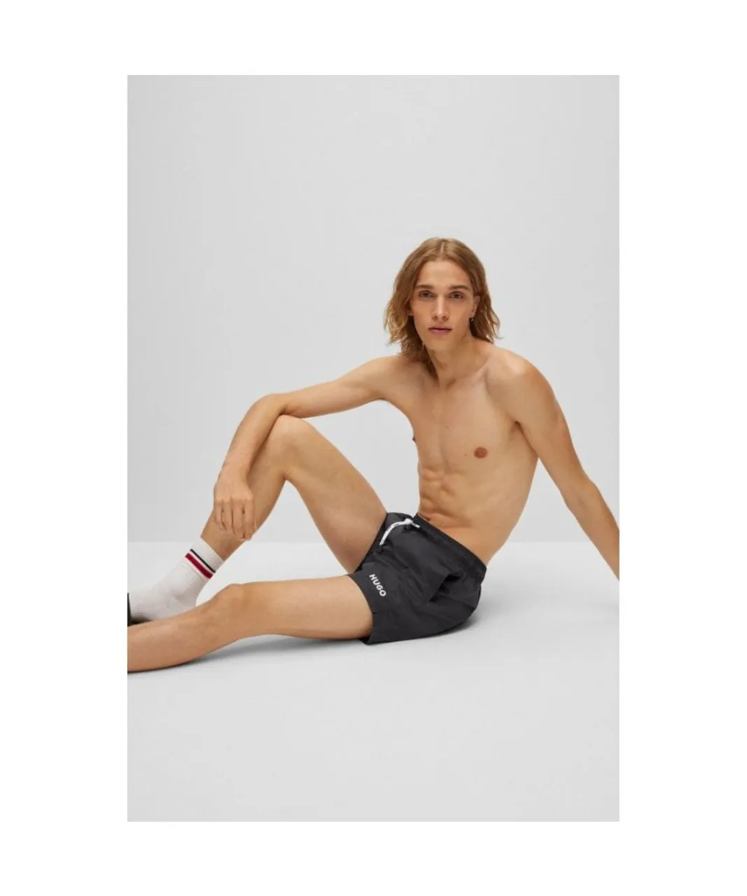 Hugo HAITI Mens Quick-Drying Swim Shorts In Recycled Fabric With Logo - Black Polyamide