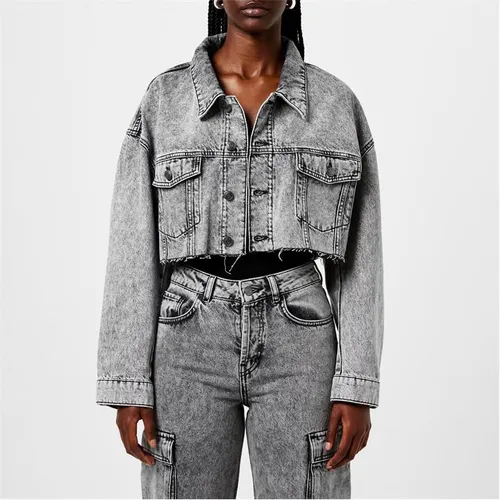 HUGO X Bella Poarch Cropped Relaxed-Fit Denim Jacket - Grey