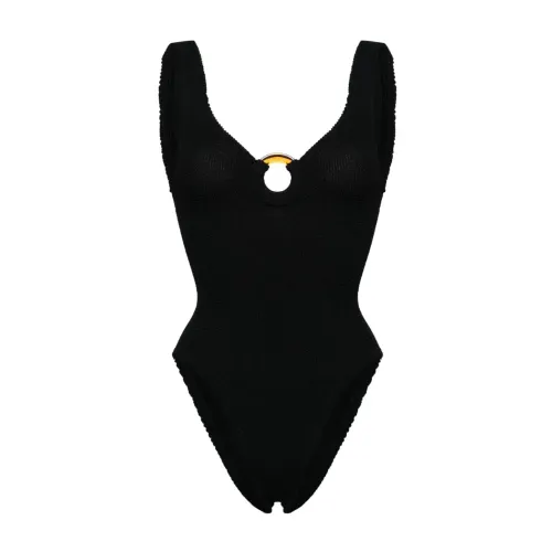 Hunza G , Black one-piece swimsuit with tortoiseshell ring ,Black female, Sizes: ONE