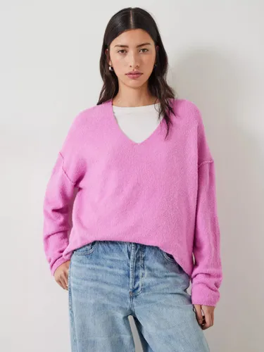 HUSH Carinda V Neck Reverse Seam Wool Blend Jumper, Bright Pink - Bright Pink - Female