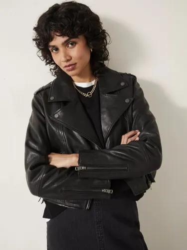 HUSH Jet Cropped Leather Biker Jacket, Black - Black - Female