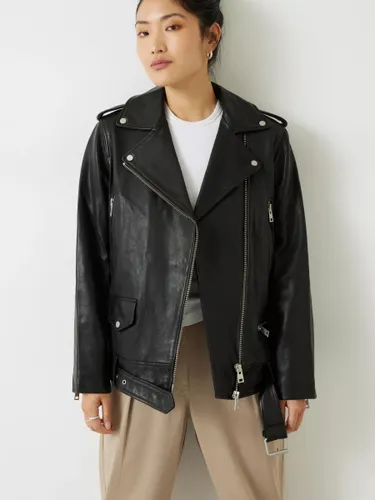 HUSH Oversized Leather Biker Jacket, Black - Black - Female