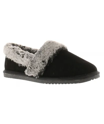 Hush Puppies Womens Slippers Full Fluffy Ariel Suede Leather black