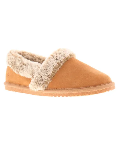 Hush Puppies Womens Slippers Full Fluffy Ariel Suede Leather tan