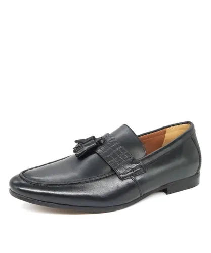 HX London Barking Leather Black Mens Slip On Tassel Loafer Shoes