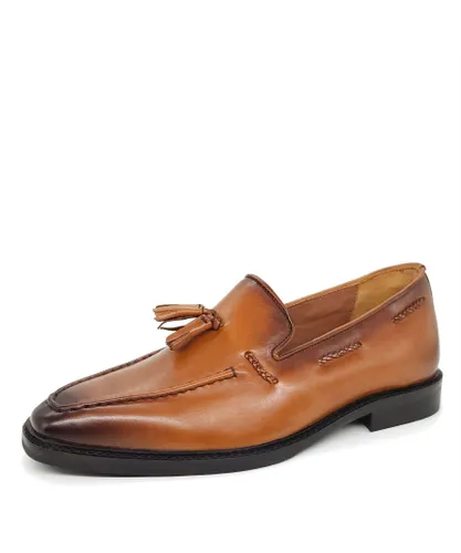 HX London Beddington Leather Tan Brown Mens Slip On Tassel Loafer Shoes