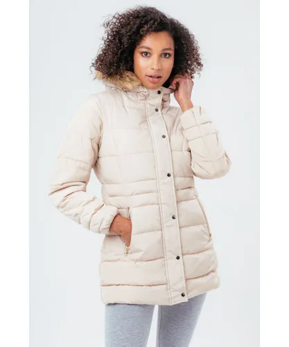 Hype Beige Mid Length WoMens Padded Coat With Fur