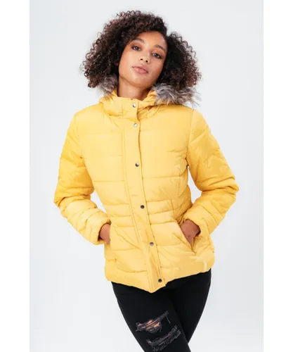Hype Mustard Short Length WoMens Padded Coat With Fur