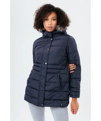 Hype Navy Mid Length WoMens Padded Coat With Fur