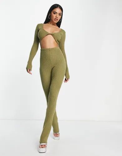I Saw It First knitted twist front top co-ord in olive-Green