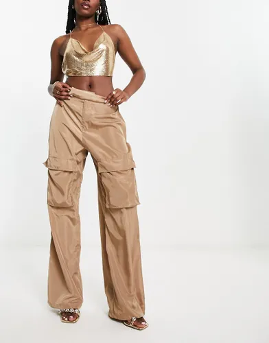 I Saw It First nylon wide leg cargo trousers in beige-Pink